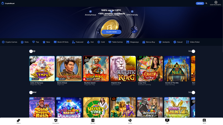 CryptoRoyal Casino Desktop Homepage