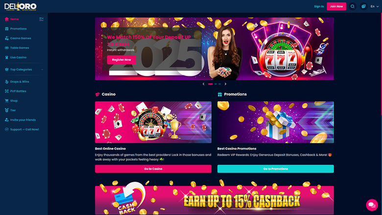 Del Oro Casino Homepage Desktop