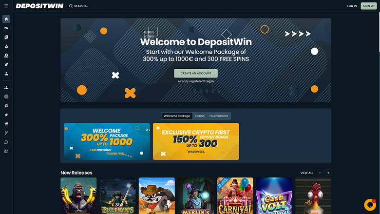 DepositWin Casino Homepage Desktop