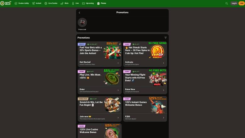 Promotions page screenshot of Desi Casino