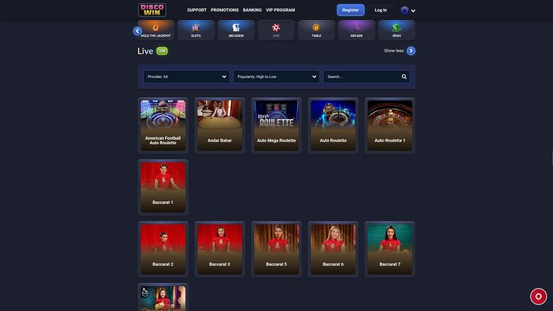 Disco Win Casino live dealer page 