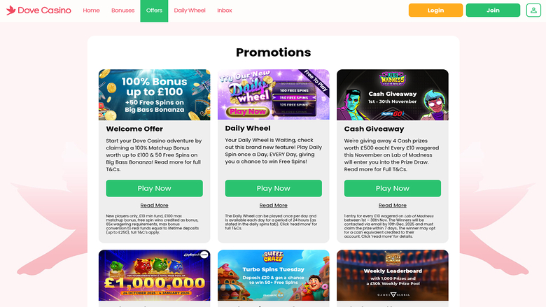 Dove Casino Promotions Desktop