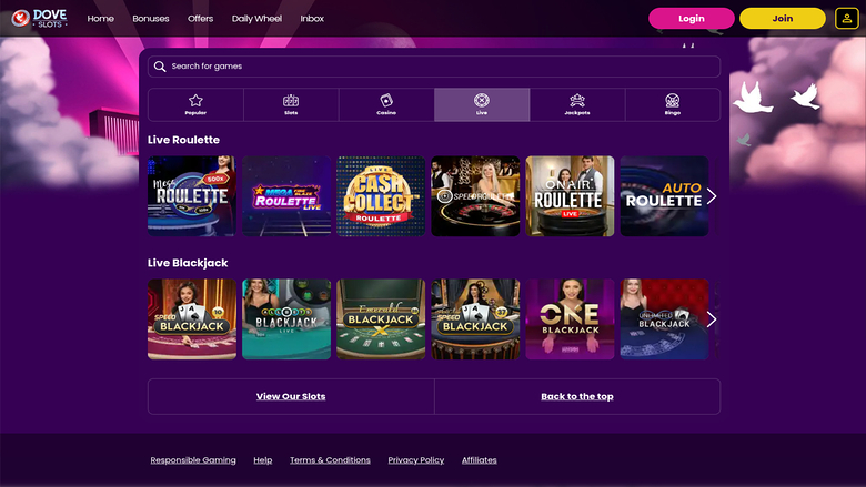 Dove Slots Casino Desktop Live Dealer