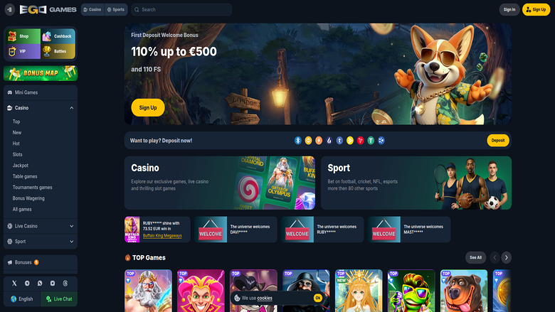 Homepage screenshot of Ego Games Casino for Desktop