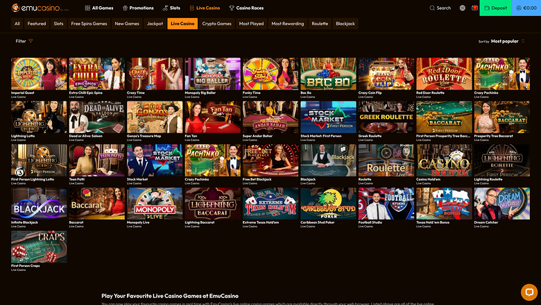 Emu Casino Live Dealer Desktop