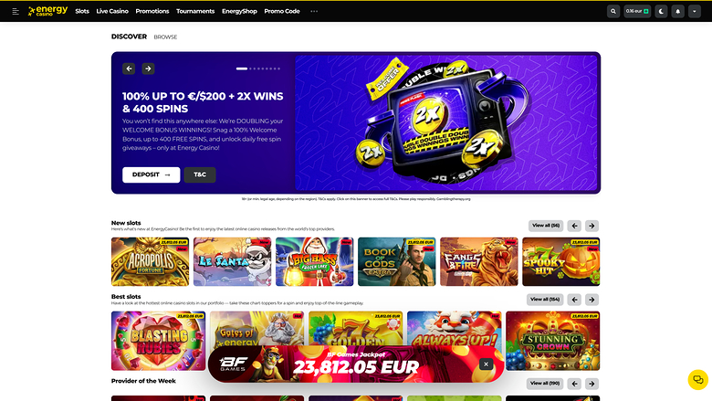Energy Casino Homepage Desktop