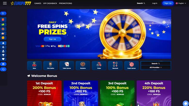 Homepage screenshot of Europa777 Casino