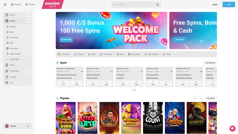 Evolve Casino Desktop Homepage