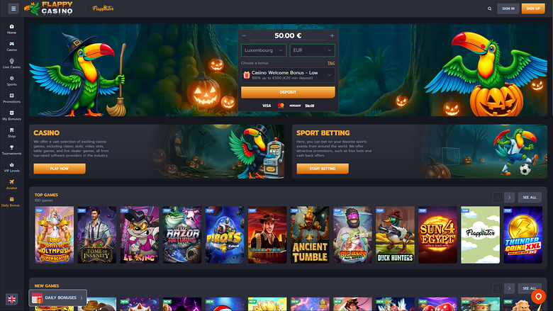 Flappy Casino Desktop Homepage