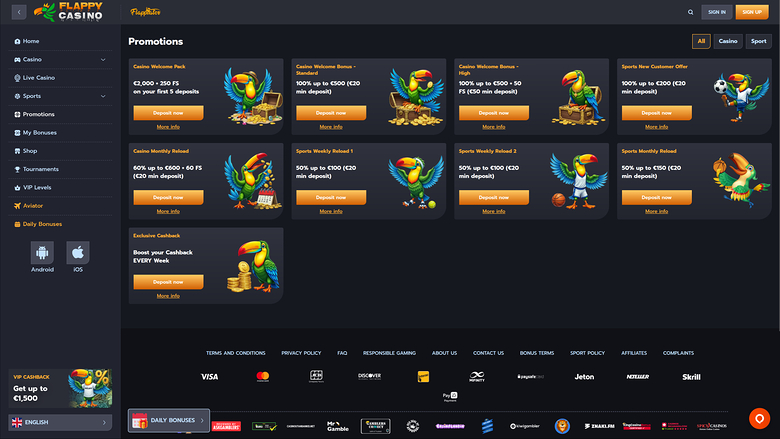 Flappy Casino Desktop Promotions