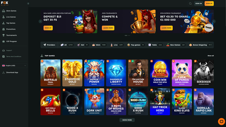 FoxSlots Casino Homepage Desktop