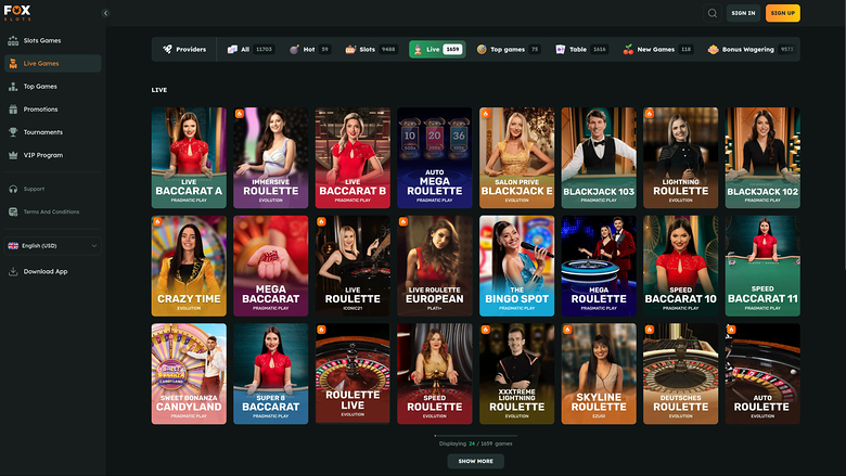 FoxSlots Casino Live Dealer desktop