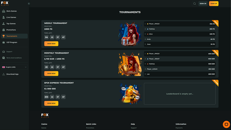 FoxSlots Casino Desktop Tournaments