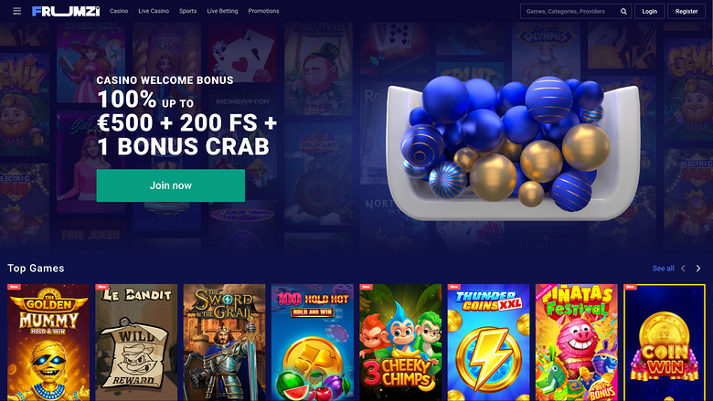 Frumzi Casino Desktop Homepage