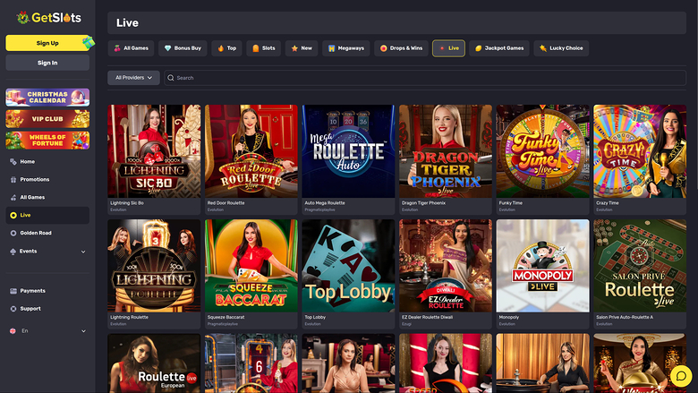 GetSlots Casino Desktop Live Dealer