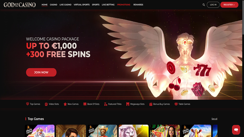 Homepage screenshot of God of Casino for Desktop