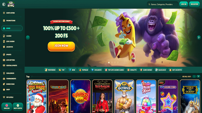 Homepage screenshot of GoKong Casino for Desktop