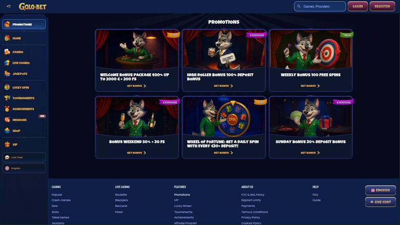 Promotions page screenshot of Golobet Casino