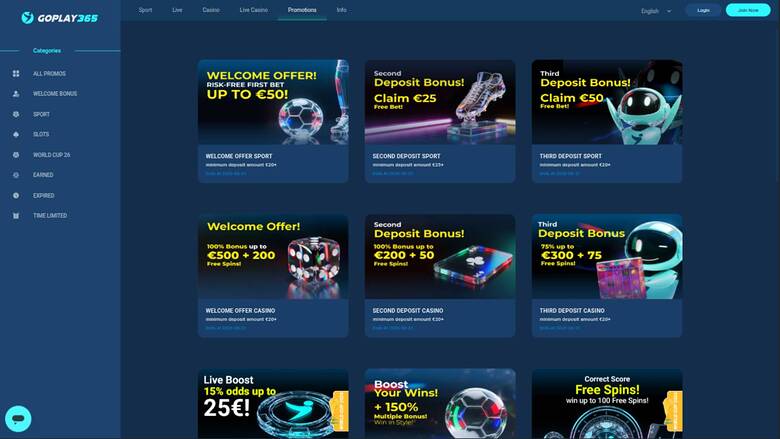 Promotions page screenshot of Goplay365 Casino 