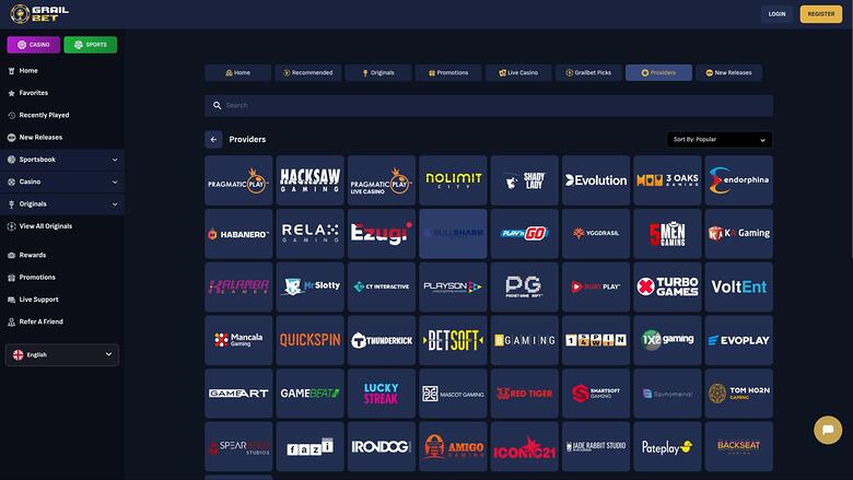 Grailbet Casino game developers page