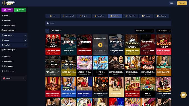 Grailbet Casino live dealer page