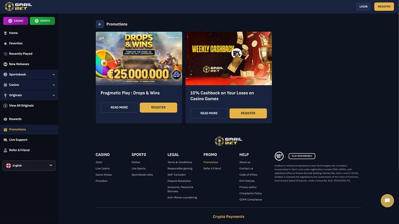 Grailbet Casino promotions page