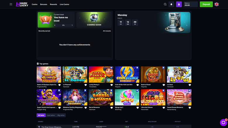 Hash Lucky Casino Desktop Homepage