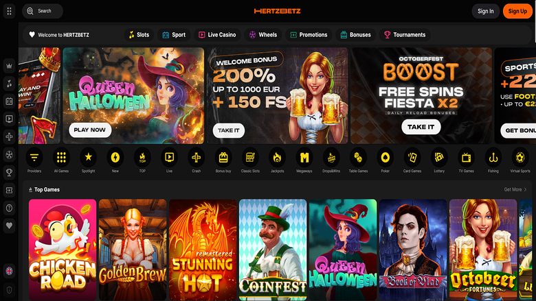Homepage screenshot of Hertzbetz Casino for Desktop