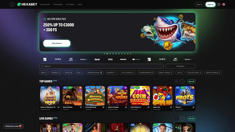 Hexabet Casino Desktop Homepage