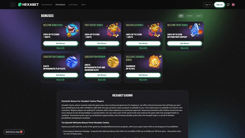 Hexabet Casino Desktop Promotions