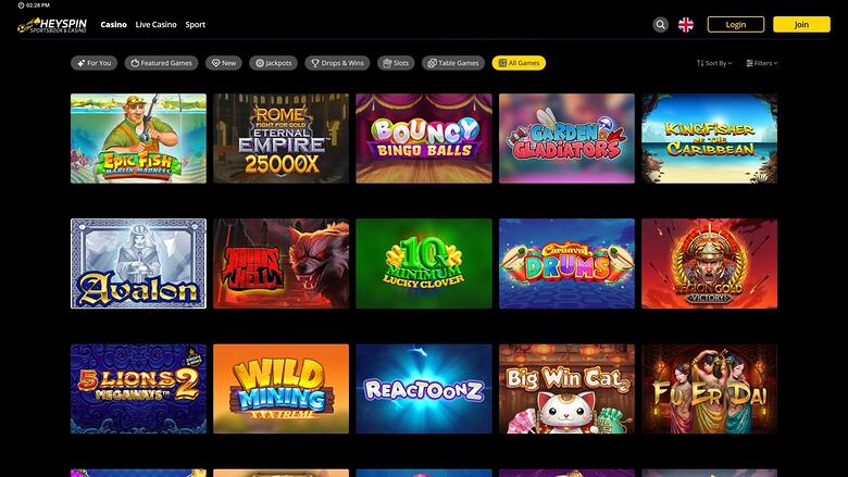 HeySpin Casino Games Desktop