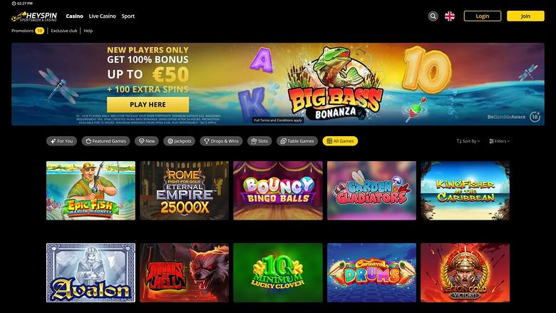 HeySpin Casino Homepage Desktop