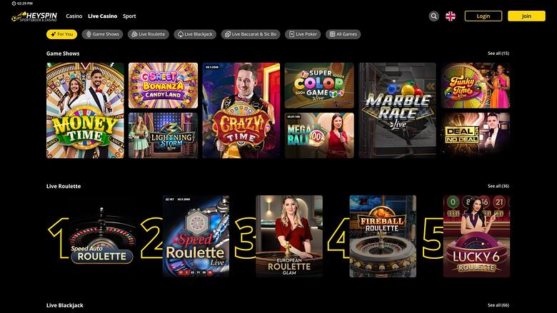HeySpin Casino Live Dealer Desktop