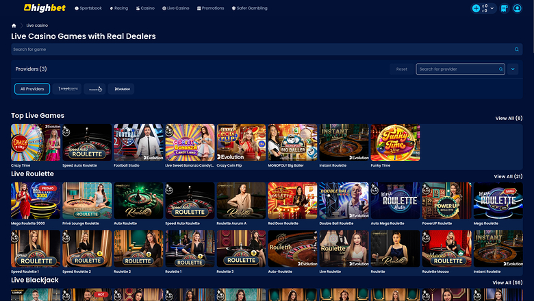 High Bet Casino Desktop Live Dealer