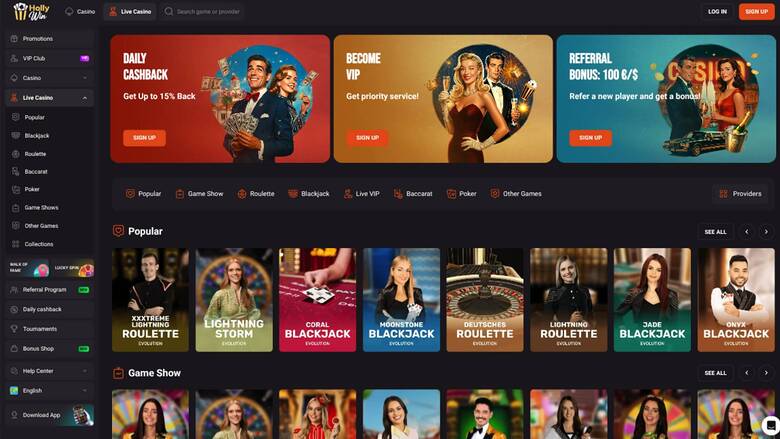Homepage screenshot of Hollywin Casino