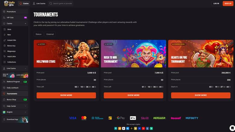 Tournaments page screenshot of Hollywin Casino