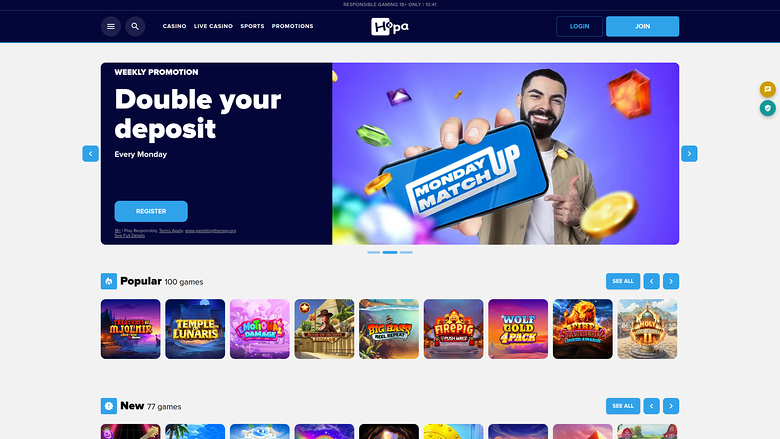 Hopa Casino Homepage Desktop