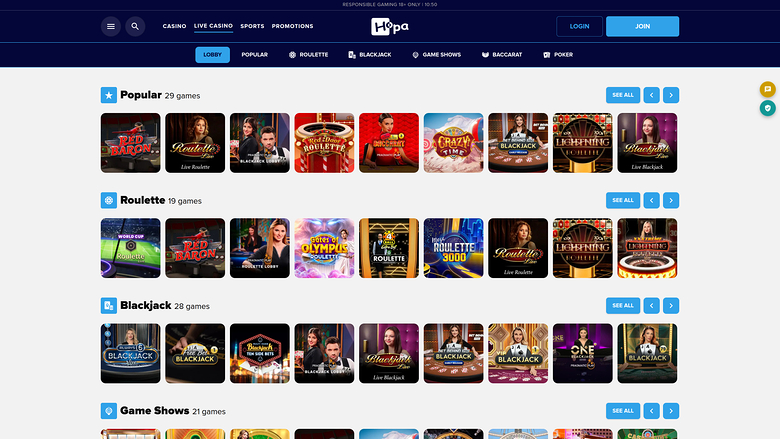Hopa Casino Live Dealer Desktop