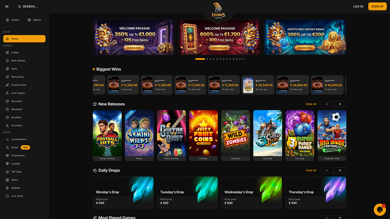 Horus Casino Desktop Homepage