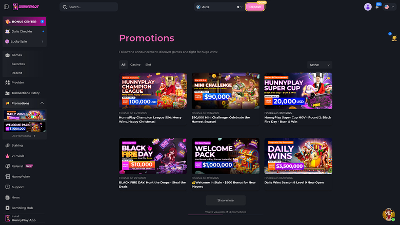 Hunnyplay Casino Desktop Promotions