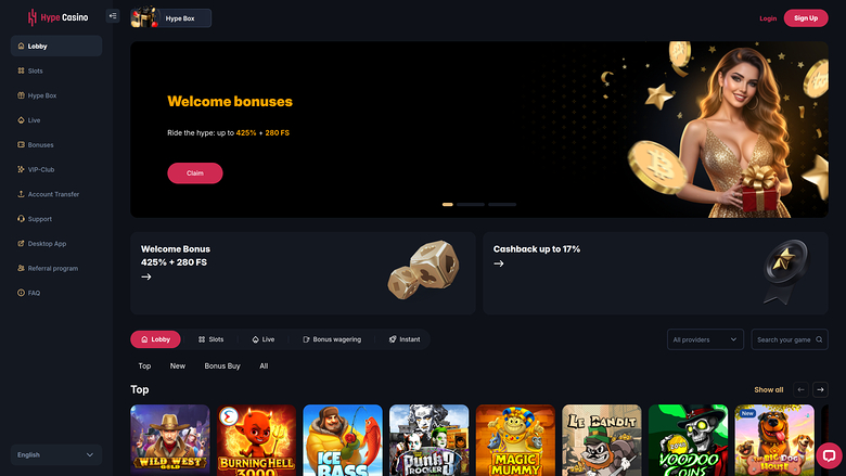 Hype Casino Homepage Desktop