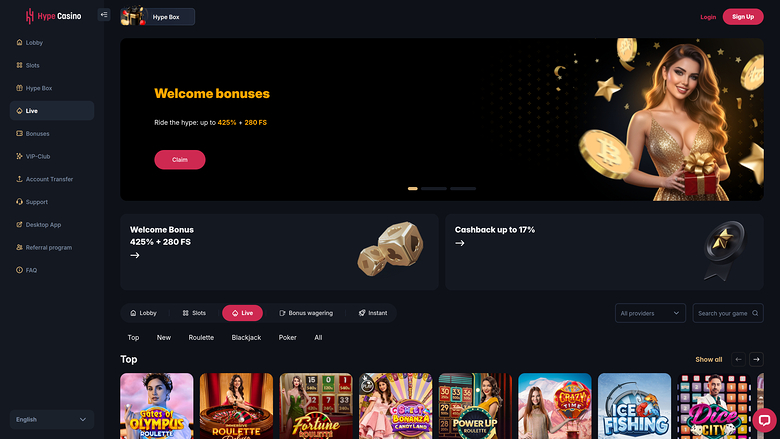 Hype Casino Live Dealer Desktop