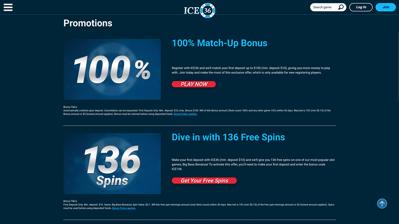 Ice36 Casino Desktop Promotions