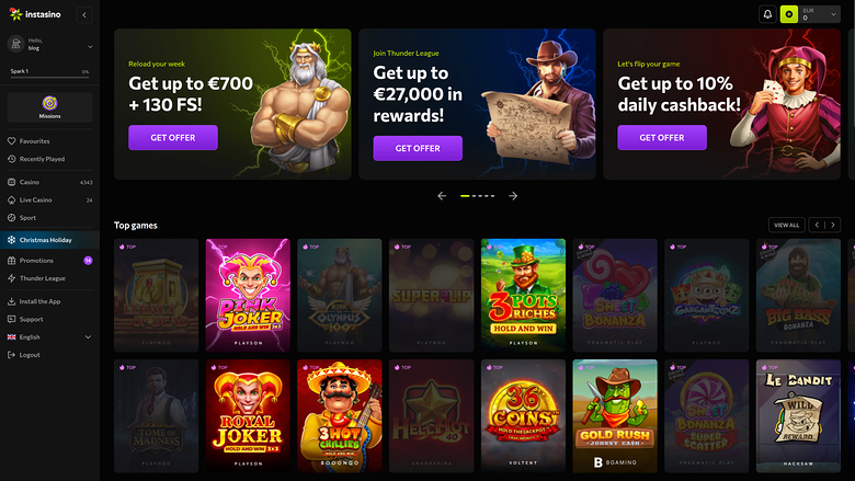 Instasino Casino Desktop Homepage
