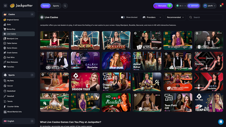 Jackpotter Casino Live Dealer Desktop