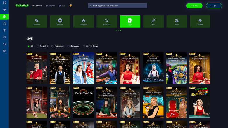 Jeffbet Casino Live Dealer Desktop