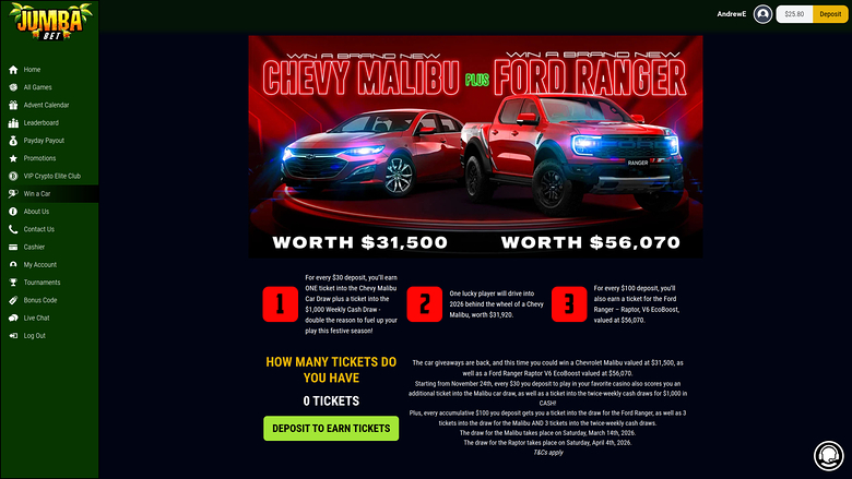 Jumba Bet Casino desktop Win a Car