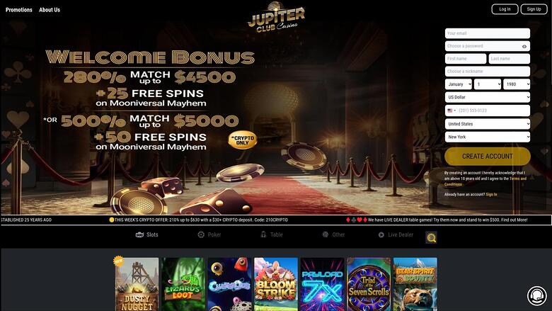 Jupiter Club Casino Desktop Homepage