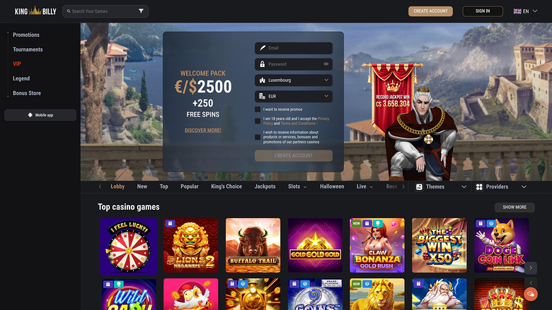 King Billy Casino Homepage Desktop