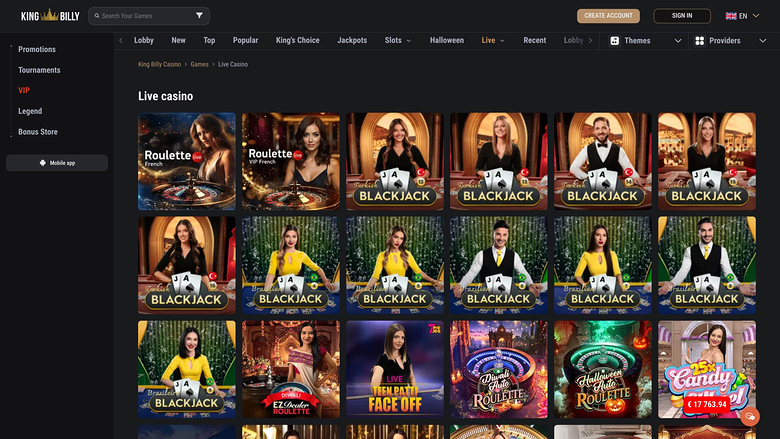 King Billy Casino Live Dealer Desktop